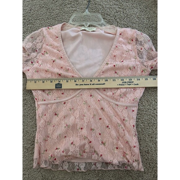 Thirty Thirty Pink Floral Rose Lace Top Mesh Sleeve Bow Detail Coquette Size S - Picture 7 of 11